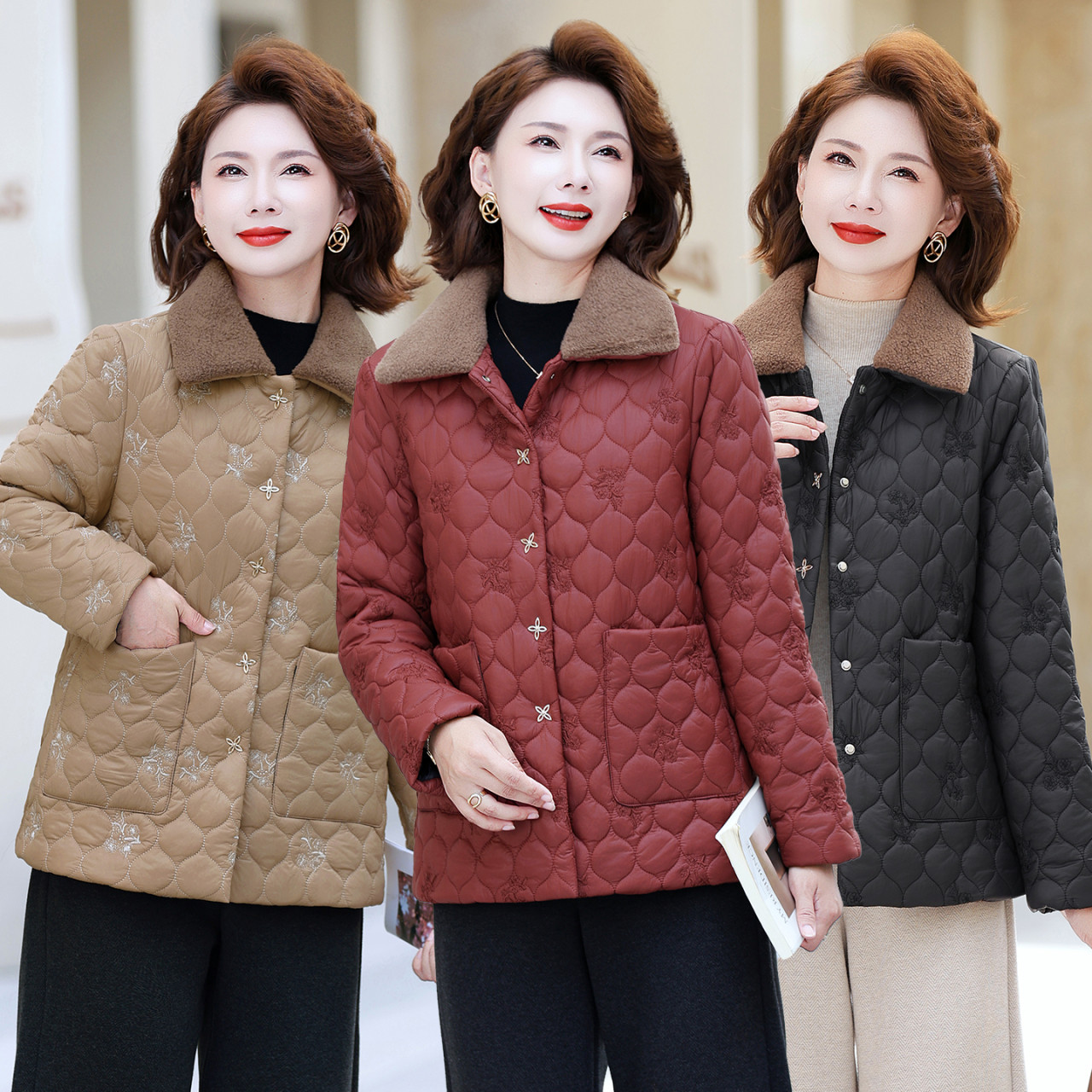 妈妈装冬季加绒加厚棉衣短款外套翻领棉袄中老年女装洋气保暖棉服