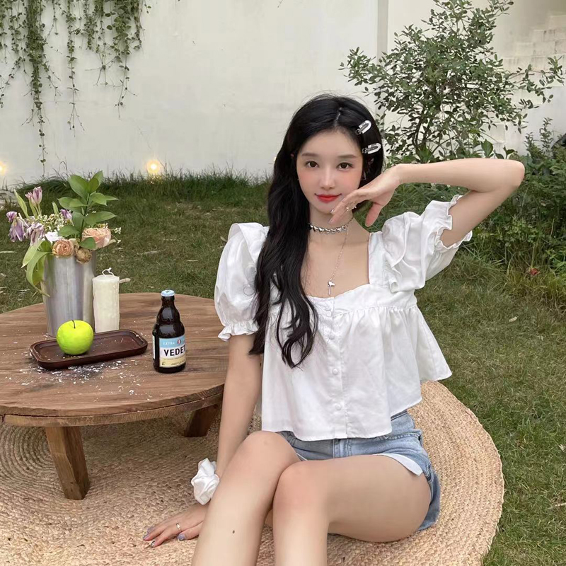 Real shooting and real price youth literature and art lazy square collar short sleeve cardigan shirt