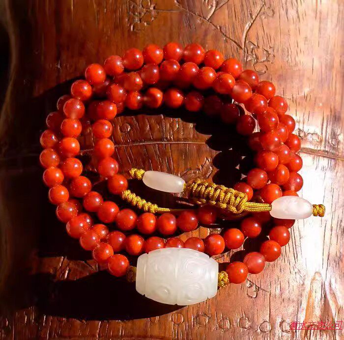 晓=风0346明代天然新疆和田玉籽料雕花桶珠108颗南红项链证书复检