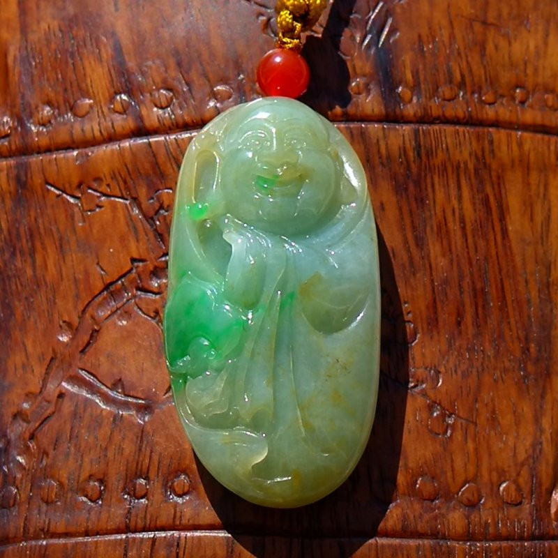 香=檀1232天然A货缅甸老坑阳绿黄翡双彩翡翠佛公吊坠挂件手工雕刻