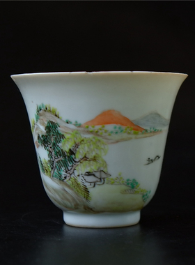 清代烛=影浅绛彩山水杯瓷器陶瓷文人瓷艺术品收藏