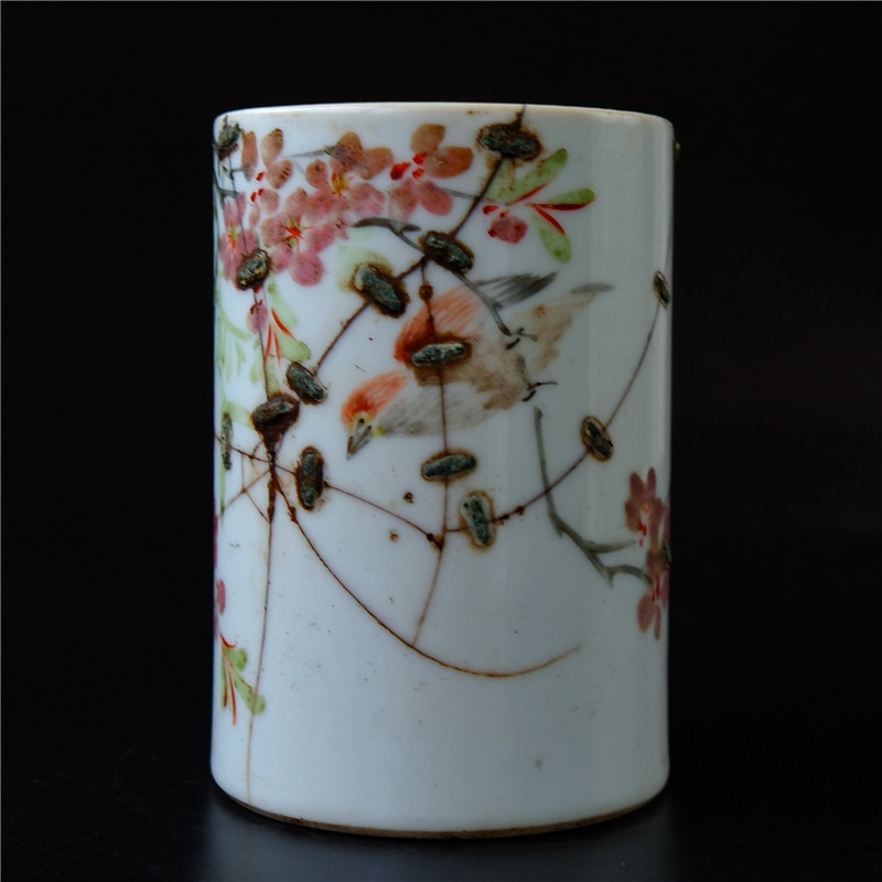闲=寻清代名家梅峰樵浅绛彩花鸟笔筒瓷器陶瓷文人瓷艺术品收藏