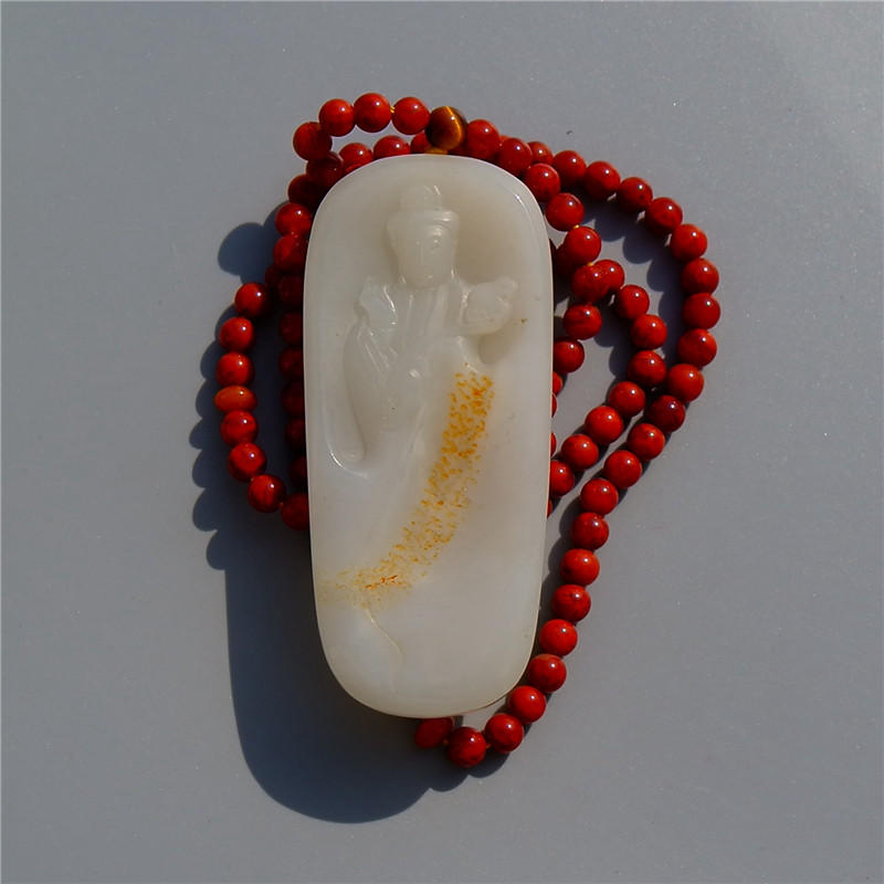 露=华4451天然新疆和田玉羊脂玉籽料观音吊坠南红珠项链证书复检