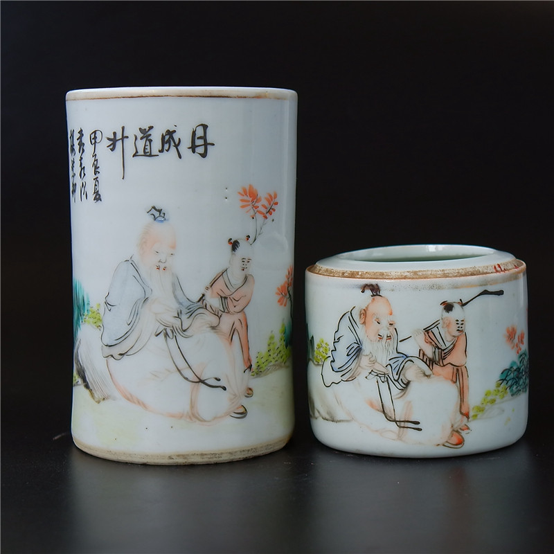 霜=华清代名家杨紫卿浅绛彩人物高士缸笔筒一对丹成道升文人瓷器