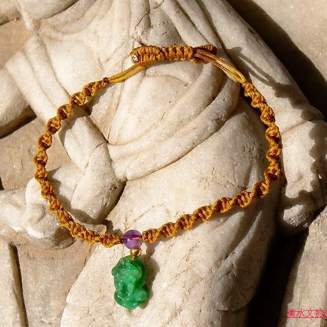 玉=清4742民国天然A货缅甸老坑正阳绿翡翠貔貅手链纯金珠手工雕刻