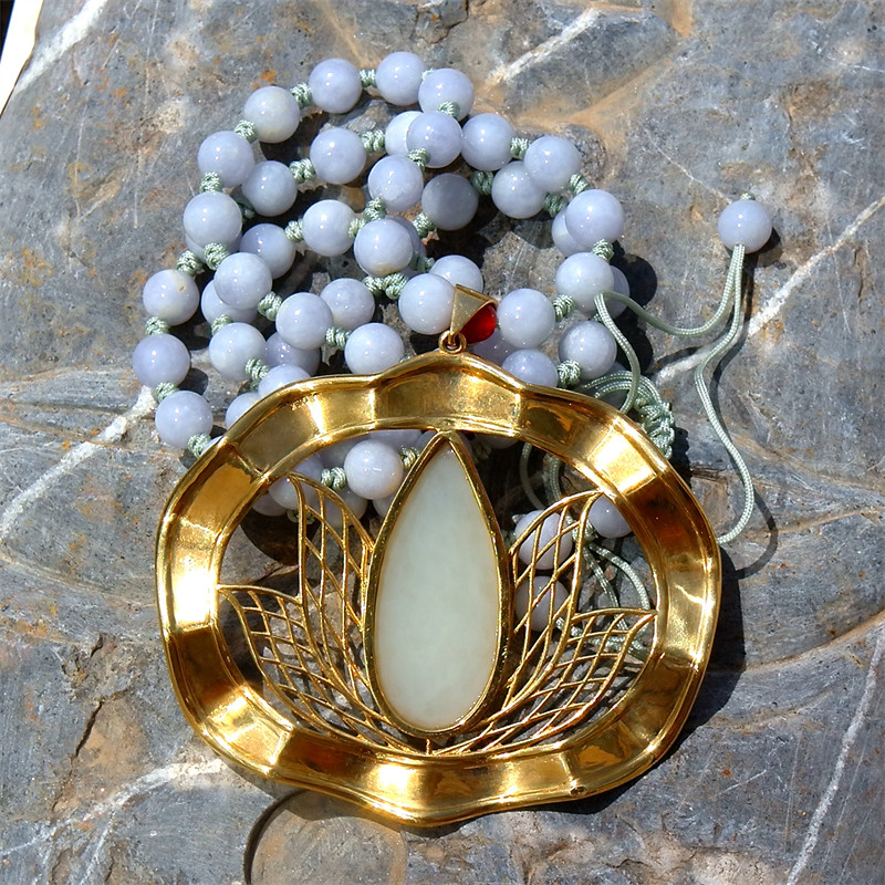 流=金7702天然新疆和田玉籽料水滴18k金翡翠珠吊坠挂件项链带证书