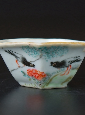 清代雕=笼名家振声浅绛彩花鸟六方盆   瓷器雅器收藏文人瓷