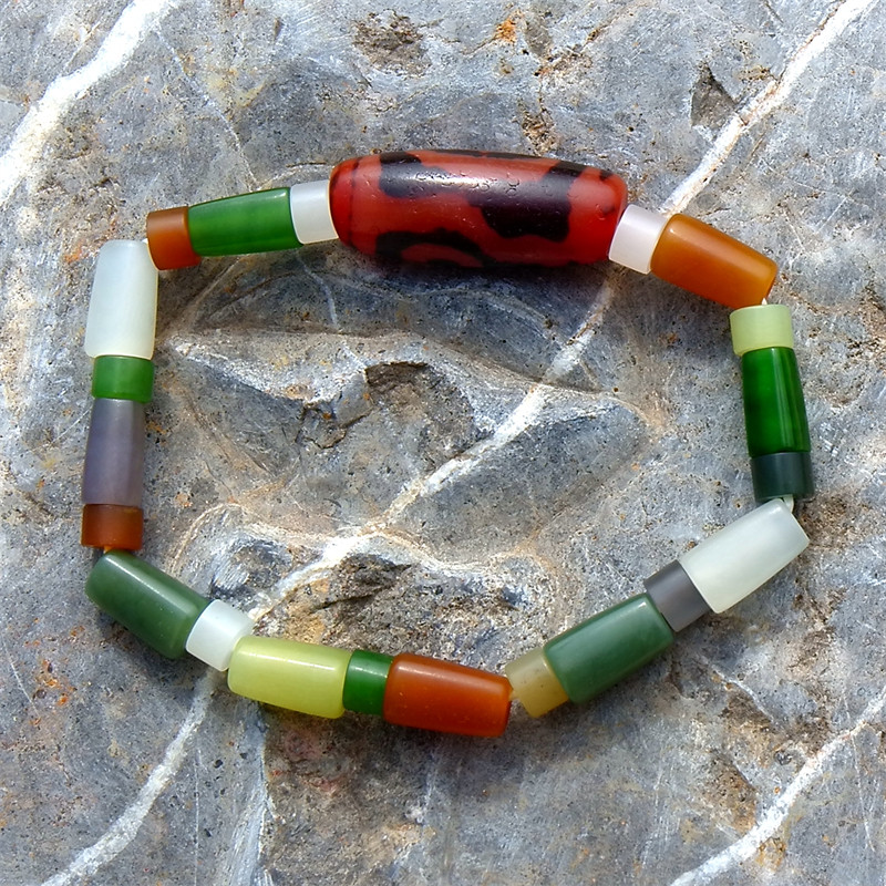 玉=稍1925天然新疆和田玉碧玉白玉籽料三彩柱老天珠手链手串证书