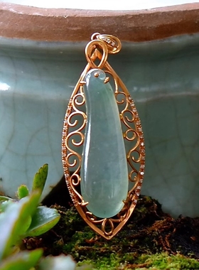 冰=弦3799天然缅甸A货老坑冰种翡翠福瓜镶嵌挂坠18k黄金镶钻证书