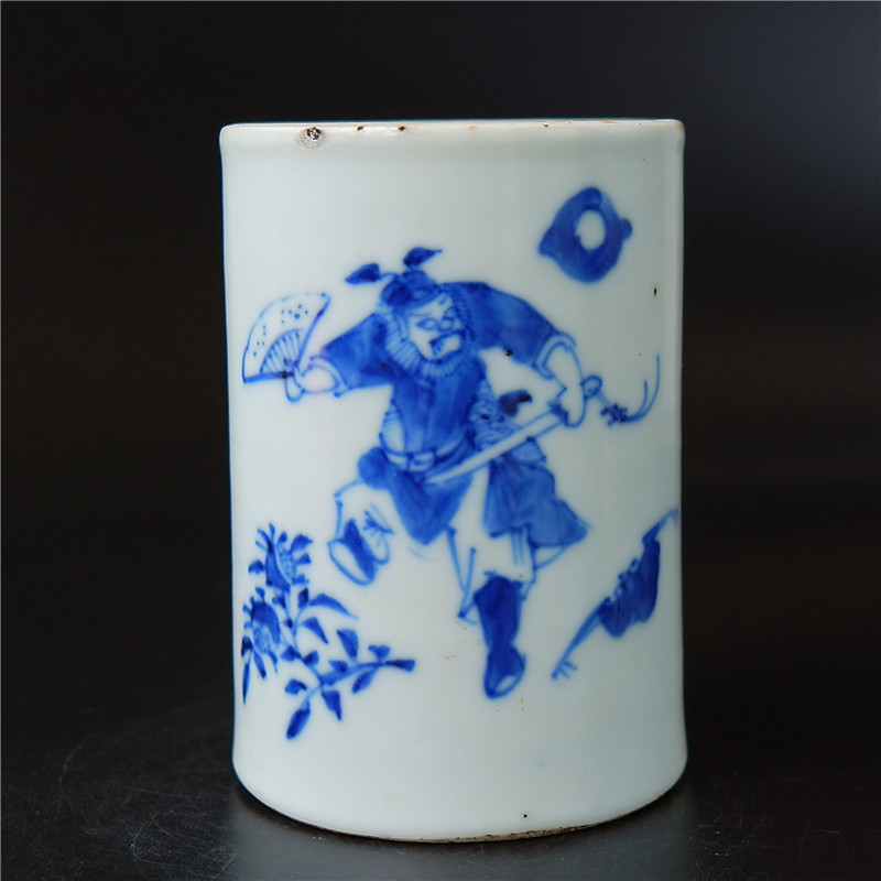 磊=块清代中期青花人物钟馗降福笔筒全品文人瓷艺术品收藏