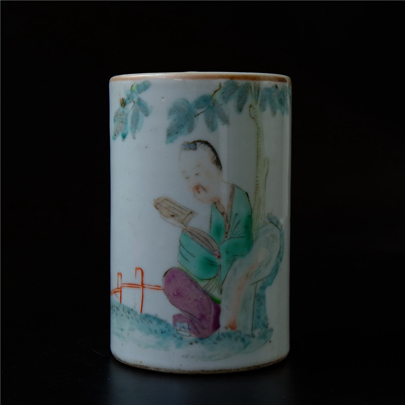 宫=锦清代浅绛彩人物高士笔筒瓷器陶瓷文人瓷艺术品收藏