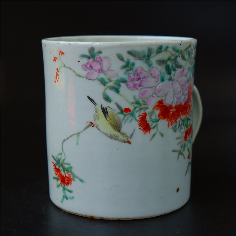 清代梅=阁名家梅峰樵浅绛彩花鸟杯口小嗑余全品瓷器文人瓷艺