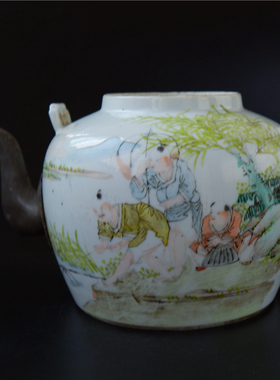 清代天=静名家浅绛彩人物壶瓷器陶瓷文人瓷艺术品收藏