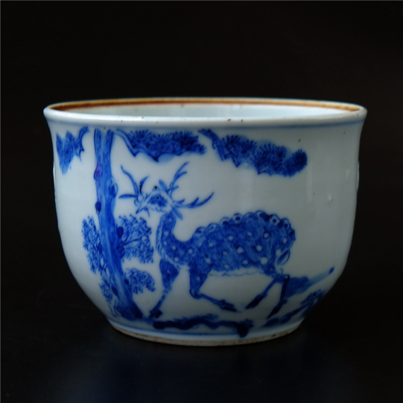 青=芜清代中期青花鹿纹壶改缸无纹瓷器陶瓷文人瓷艺术品收藏