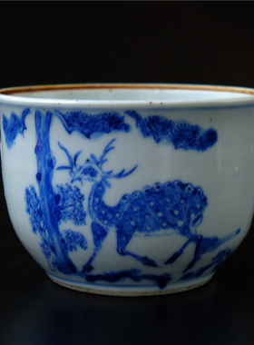 青=芜清代中期青花鹿纹壶改缸无纹瓷器陶瓷文人瓷艺术品收藏