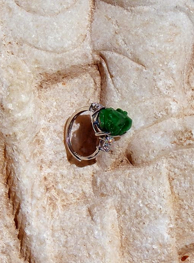 玉=轩9569天然缅甸A货老坑正阳绿翡翠貔貅包银活口戒指环带证书16