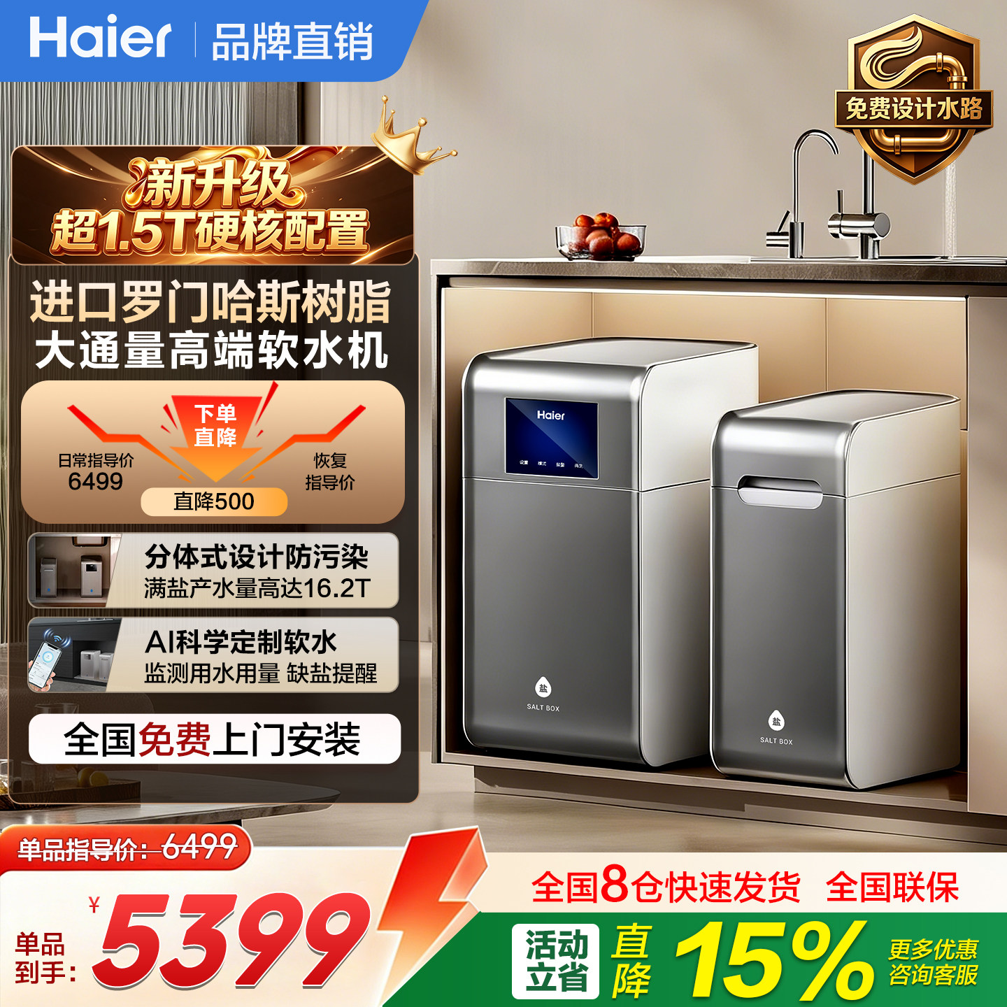 海尔1.5T双罐水魔方软水机小型