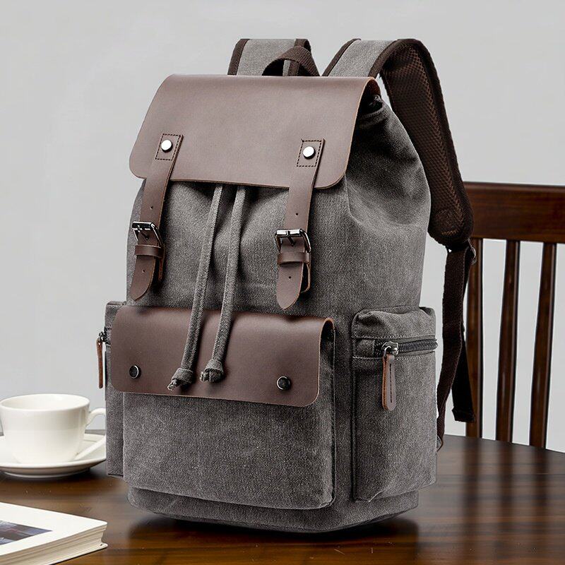 男士双肩包男款休闲帆布包包男式出差电脑包旅行抽绳束口袋背包男