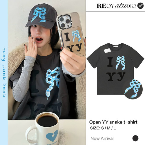 REOY STUDIO定制25S蛇年限定YY新款蝴蝶结小蛇重工印花宽松短袖t