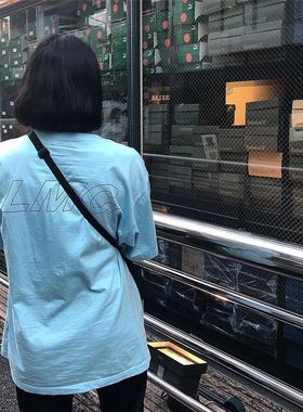 [REコンテナ] 24年 定制字母logo纯棉蓝色圆领短袖休闲T恤INS