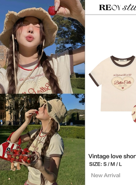 REOY Stu”复古Bittercells爱心字母印花修身短款显瘦上衣短袖T恤