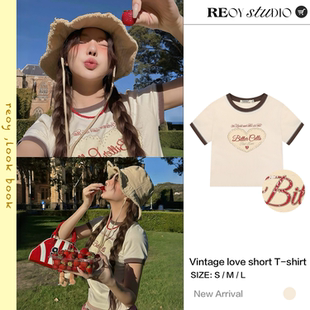 REOY Stu”复古Bittercells爱心字母印花修身短款显瘦上衣短袖T恤