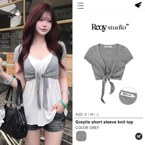 REOY Stu”韩系浅灰色V领绑带针织开衫女修身BM叠穿短袖上衣坎肩