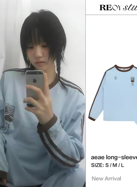 REOY STUDIO定制aeae韩国薄卫衣球衣风字母印花双杠宽松纯棉长袖t