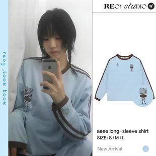 REOY STUDIO定制aeae韩国薄卫衣球衣风字母印花双杠宽松纯棉长袖t