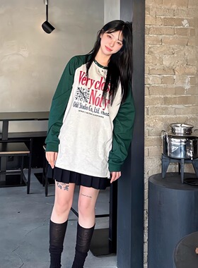 [REコンテナ] oddstudio韩版复古美式拼接撞色字母图案插肩长袖t