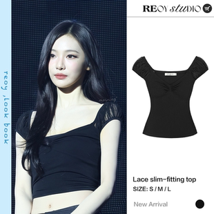 设计感拼接蕾丝黑色显瘦弹力修身 宁艺卓同款 T恤女 Stu REOY