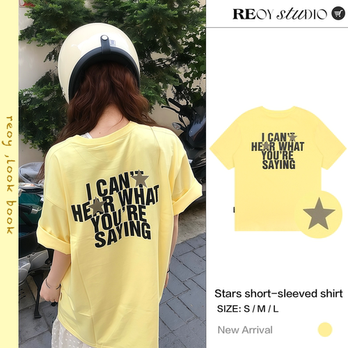 REOY Stu”韩系ins简约星星印花奶黄色休闲风百搭宽松纯棉短袖T恤