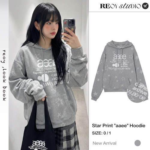 REOY Stu”韩版aeae复古浅灰色星星连帽卫衣慵懒风宽松抽绳帽衫