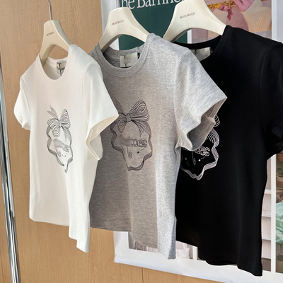 纯欲风蝴蝶结紧身显瘦高腰短袖女