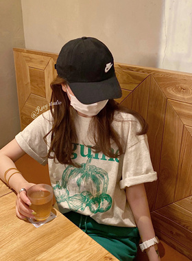 [REコンテナ]韩代同款南瓜燕麦色字母印花休闲百搭慵懒风短袖T恤