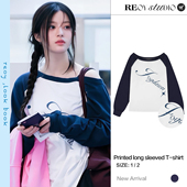 REOY T恤 复古撞色藏青色星光字母露肩长袖 Stu minju朴敏珠同款