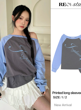 REOY Stu”minju朴敏珠同款复古撞色灰蓝色星光字母露肩长袖T恤