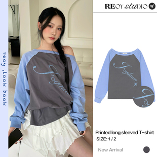 复古撞色灰蓝色星光字母露肩长袖 minju朴敏珠同款 T恤 Stu REOY