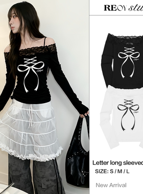 REOY Stu”纯欲风辣妹蕾丝花边一字肩蝴蝶结绑带修身长袖打底衫