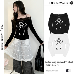 打底衫 REOY 长袖 纯欲风辣妹蕾丝花边一字肩蝴蝶结绑带修身 Stu
