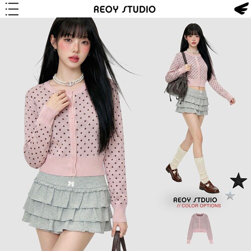 REOY Stu”直井怜洪恩彩同款元气可爱波点圆领长袖针织开衫上衣