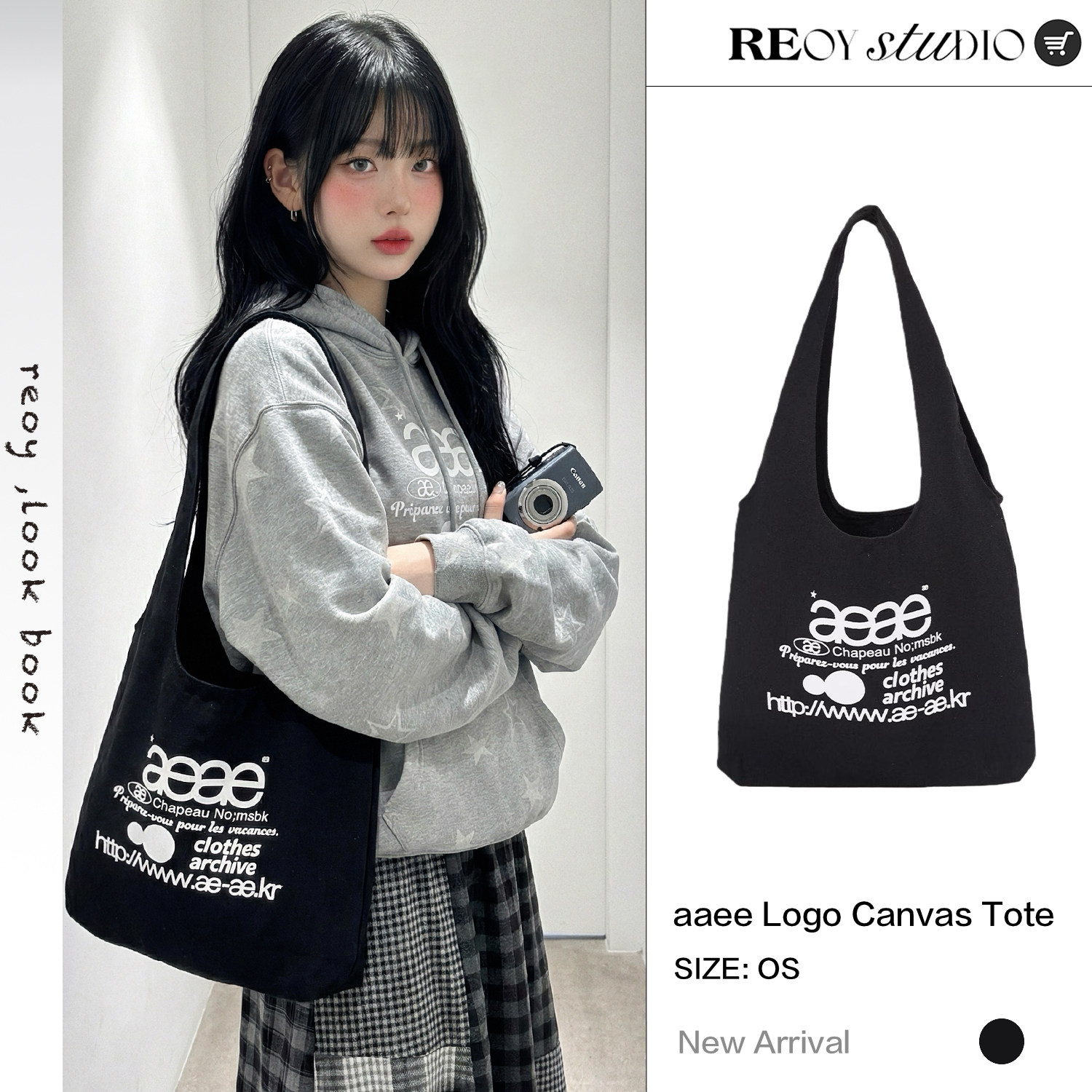 NEW 12.12｜韩版aeae黑色简约字母单肩帆布包大容量便携百搭背包