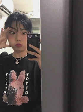 [REコンテナ] 脏脏兔韩版小众品牌设计师可爱印花纯棉宽松短袖T恤