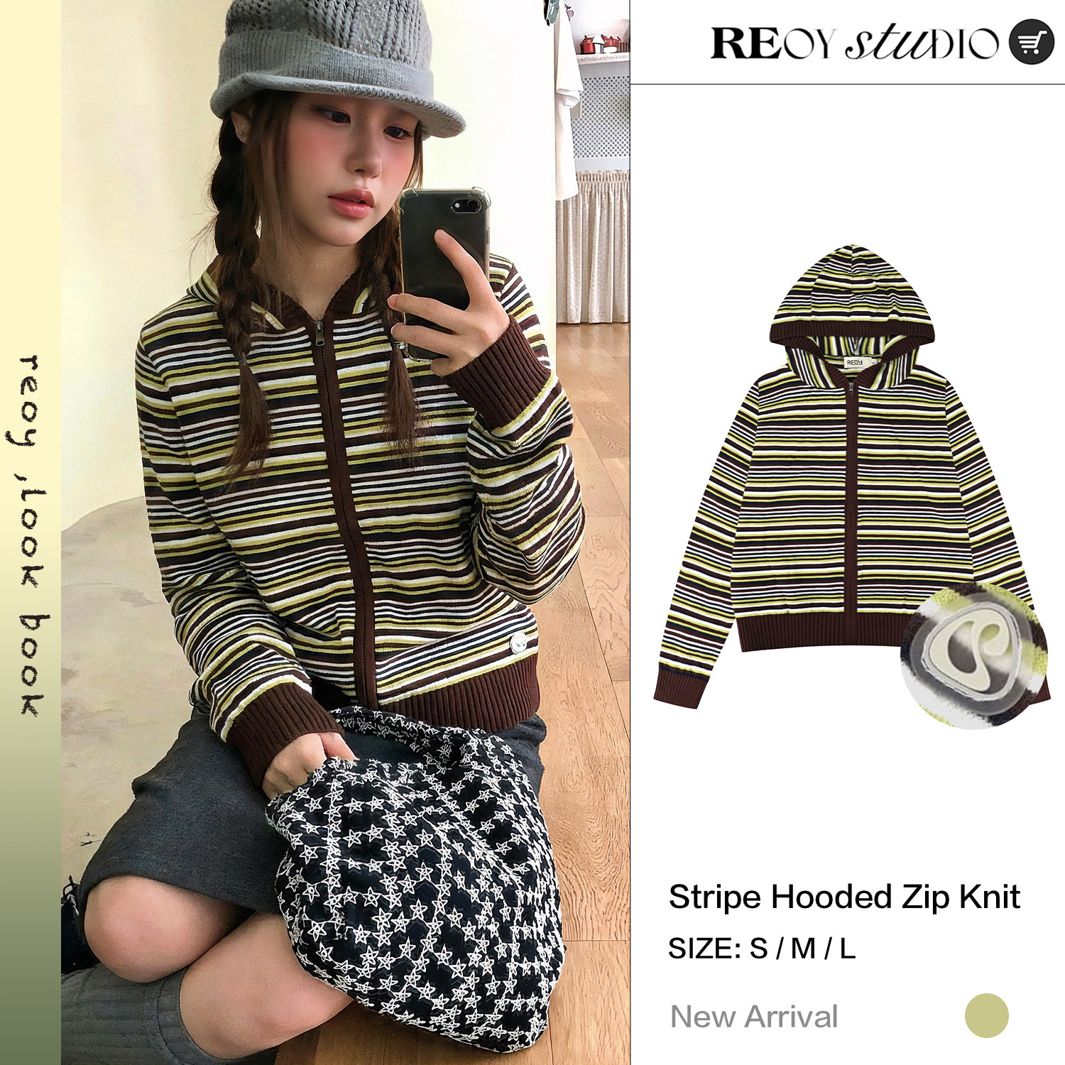 REOY”韩系复古条纹连帽针织开衫