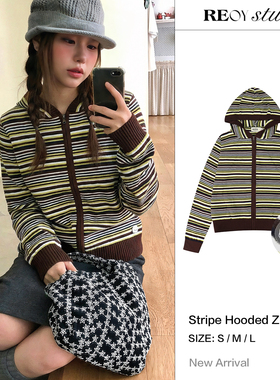 REOY Stu”韩系复古咖棕编织条纹连帽拉链外套慵懒修身针织开衫