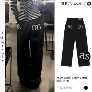 REOY Stu”韩版ason字母刺绣休闲裤宽松直筒显瘦高腰阔腿长裤女