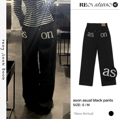 REOY Stu”韩版ason字母刺绣休闲裤宽松直筒显瘦高腰阔腿长裤女