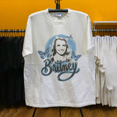 Britney布兰妮人像欧美复古蝴蝶印花 90年代重磅纯棉休闲短袖T恤