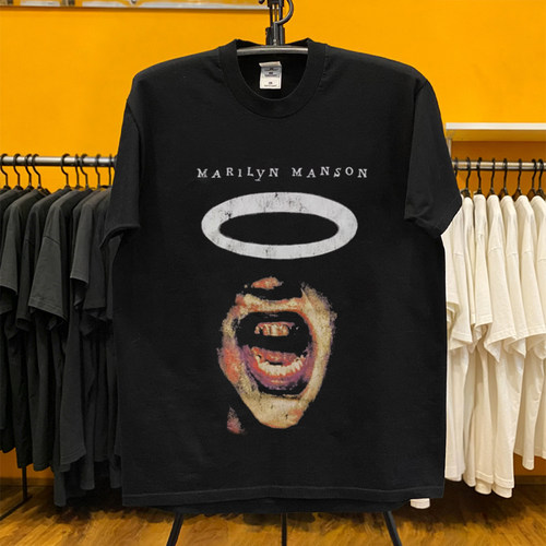 Marilyn Manson玛丽莲·曼森工业摇滚乐队经典人像古着风短袖T恤