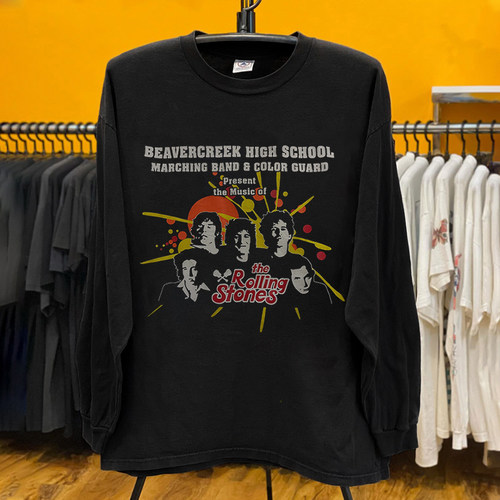 美式复古 致敬滚石乐队 Rolling Stones黑色纯棉长袖T恤oversize
